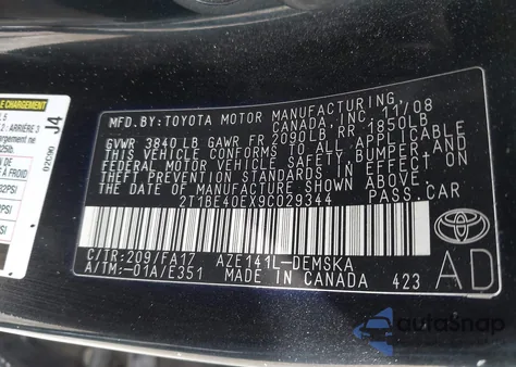 2009 Toyota Corolla Xrs from USA, damaged, VIN 2T1BE40EX9C029344